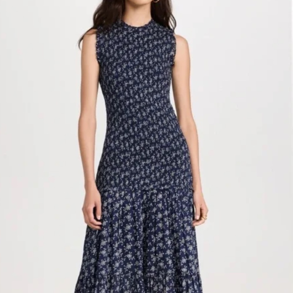 Veronica Beard Navy Blue Floral Sleeveless Midi Dress